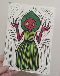 Flatwoods Monster A5 Lino print