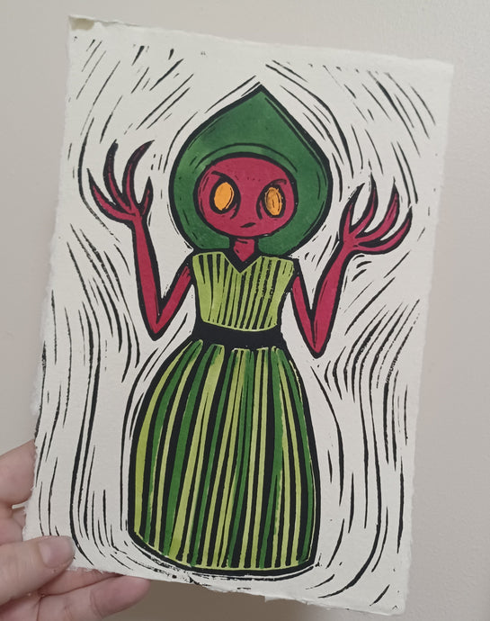 Flatwoods Monster A5 Lino print
