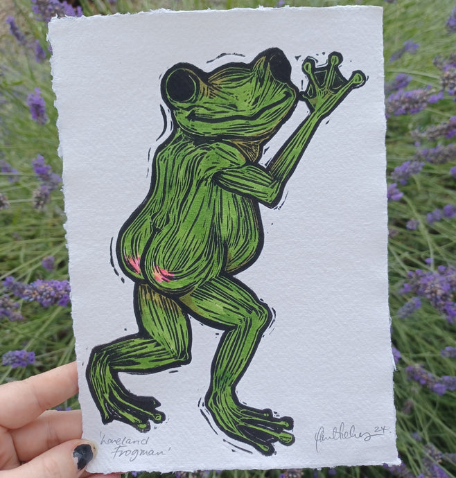 Loveland frogman colour Lino print