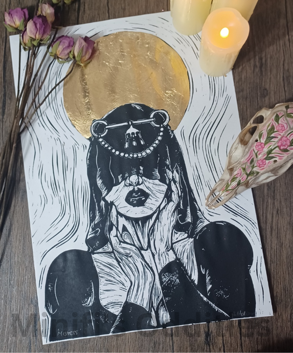 Mistress with gold embellishment ,A3 lino print