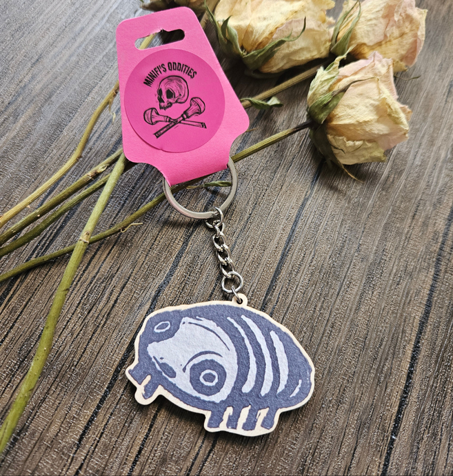 Tim the terrified pill bug keyring
