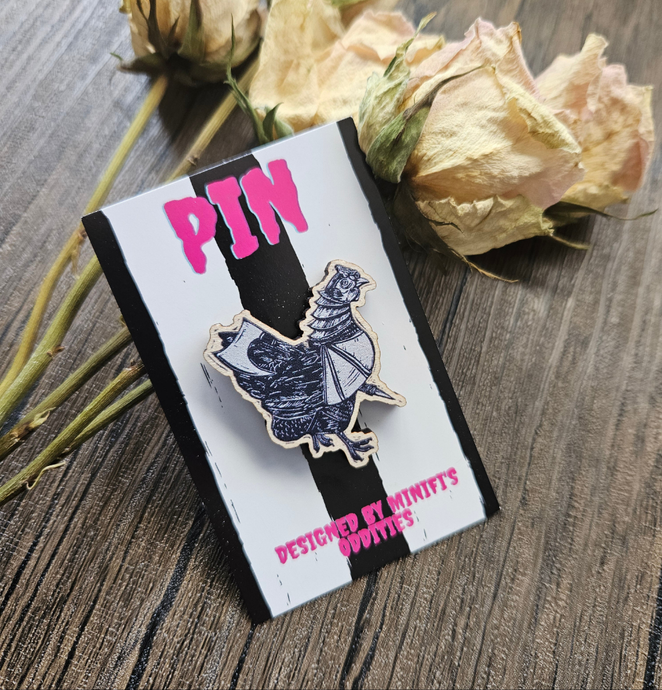 Hunter's chicken wooden pin badge
