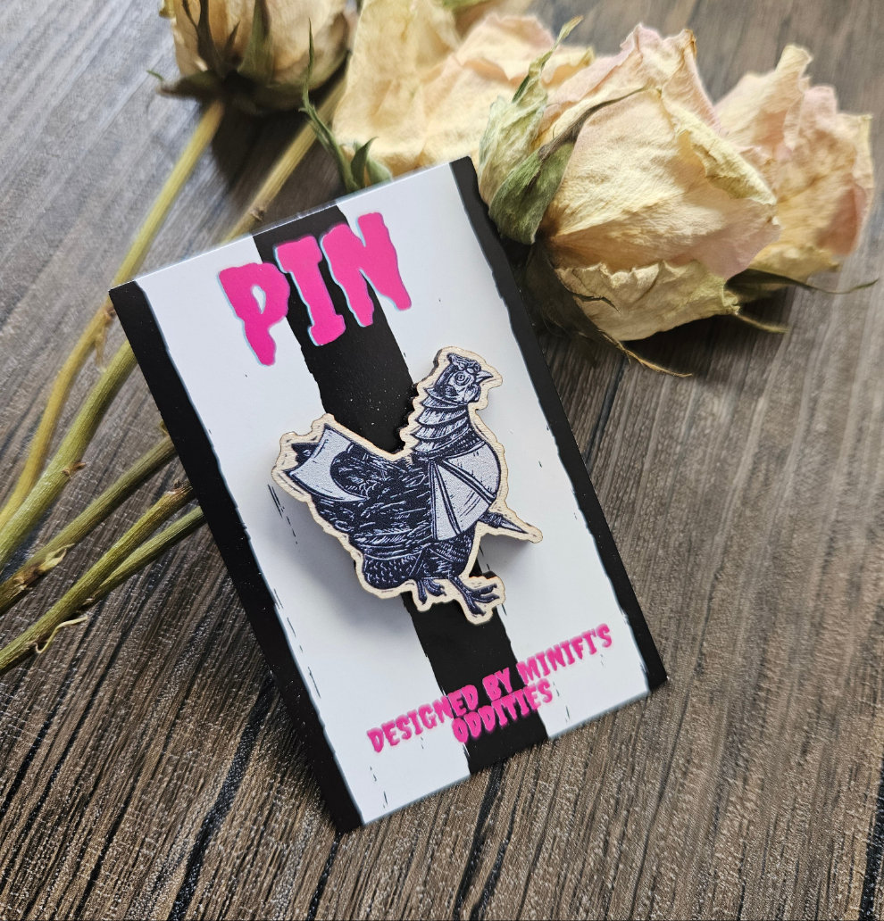 Hunter's chicken wooden pin badge