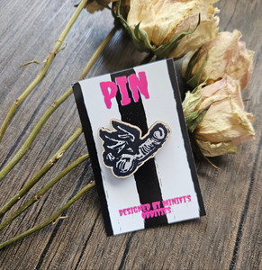 Flying Fuck wooden pin badge