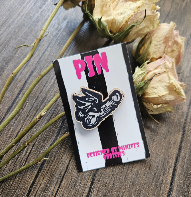 Flying Fuck wooden pin badge