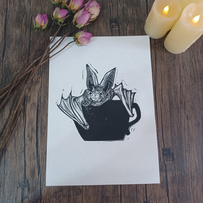 Bat-Tea -A4 Lino print