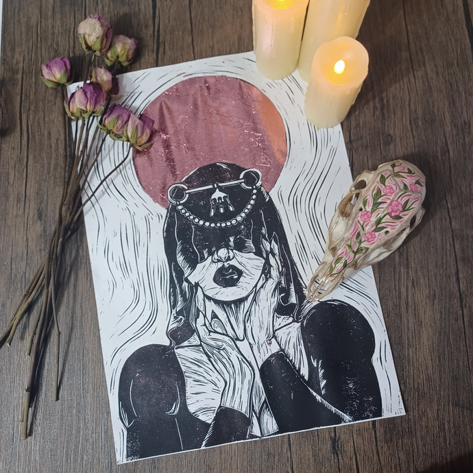 Mistress with pink embellishment ,A3 lino print