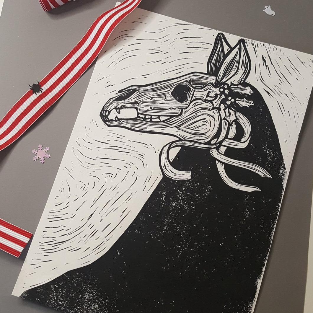 Mari Lwyd lino print