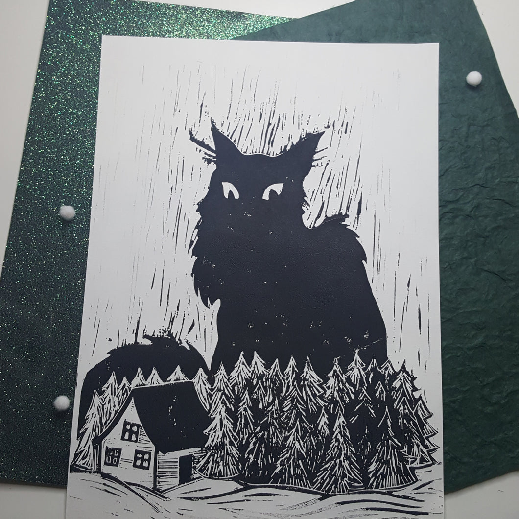 Yule cat lino print