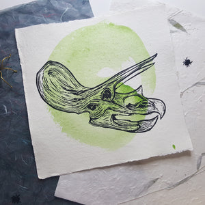 Triceratop skull lino print -green