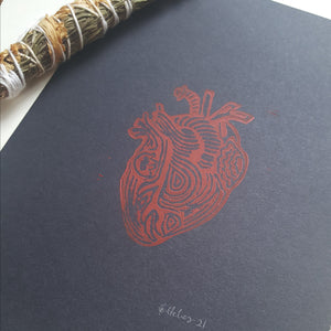 Red Heart on Black - Lino Print